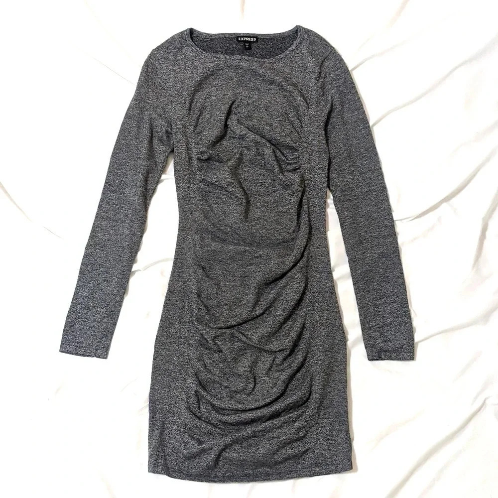 Express Long Sleeve Ruched Bodycon Dress, Color Gray Size S/P